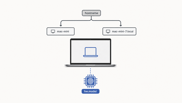 Minimal illustration of one laptop returning two hostnames and a stable hardware identifier.
